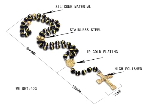 JAJAFOOK Mens Black Stainless Steel Black Gold Silicone Beads Rosary Necklace with Cross Pendant - Image 2