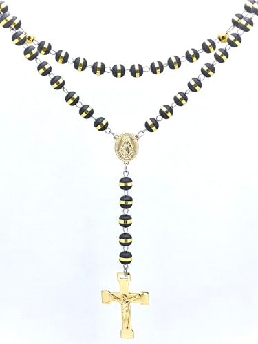 JAJAFOOK Mens Black Stainless Steel Black Gold Silicone Beads Rosary Necklace with Cross Pendant - Image 3