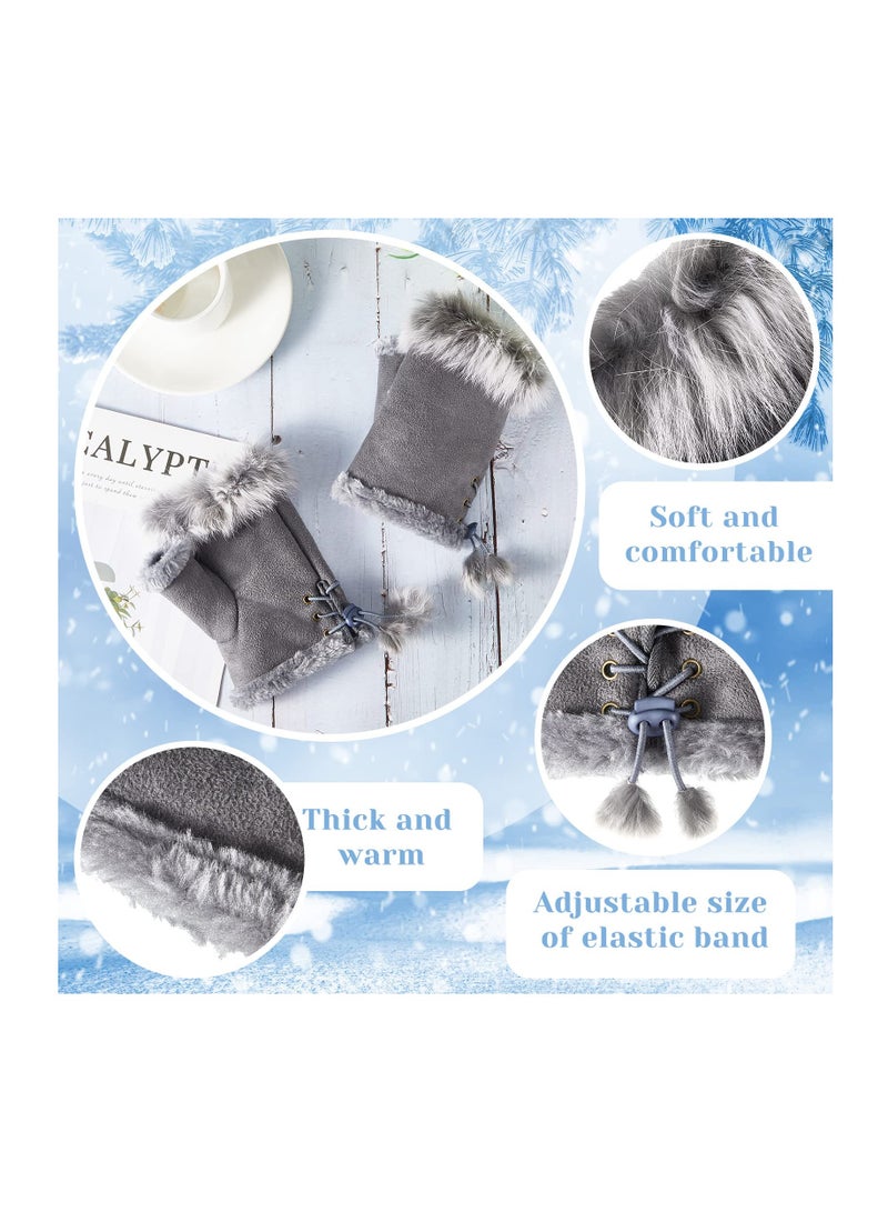 SOLARAE Fingerless Fur Gloves, Winter Rabbit Fur Half finger Mittens for Women Girls Teen Working Writing, 2 Pairs - Image 3