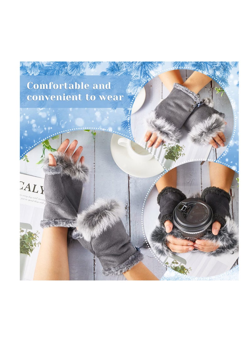 SOLARAE Fingerless Fur Gloves, Winter Rabbit Fur Half finger Mittens for Women Girls Teen Working Writing, 2 Pairs - Image 4