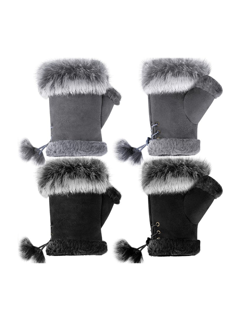 SOLARAE Fingerless Fur Gloves, Winter Rabbit Fur Half finger Mittens for Women Girls Teen Working Writing, 2 Pairs - Image 1
