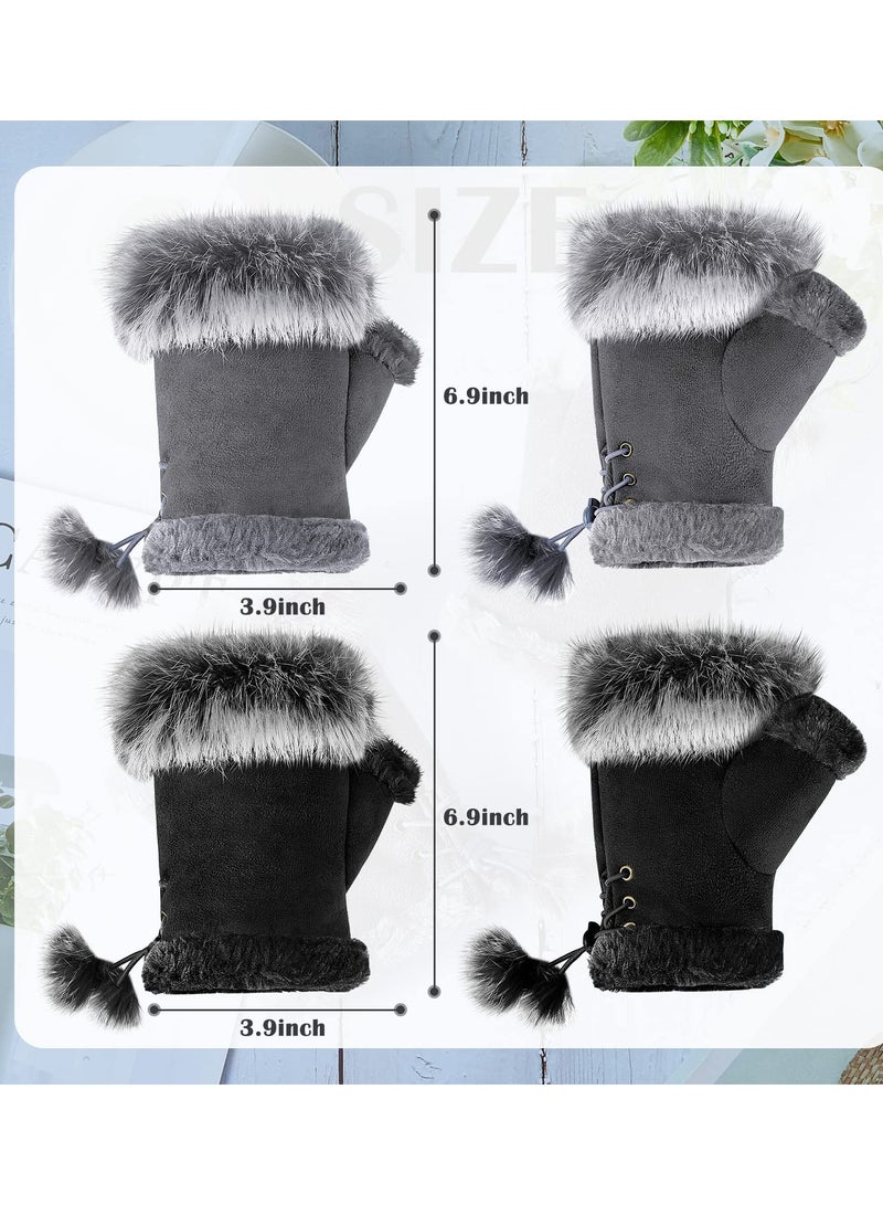 SOLARAE Fingerless Fur Gloves, Winter Rabbit Fur Half finger Mittens for Women Girls Teen Working Writing, 2 Pairs - Image 2
