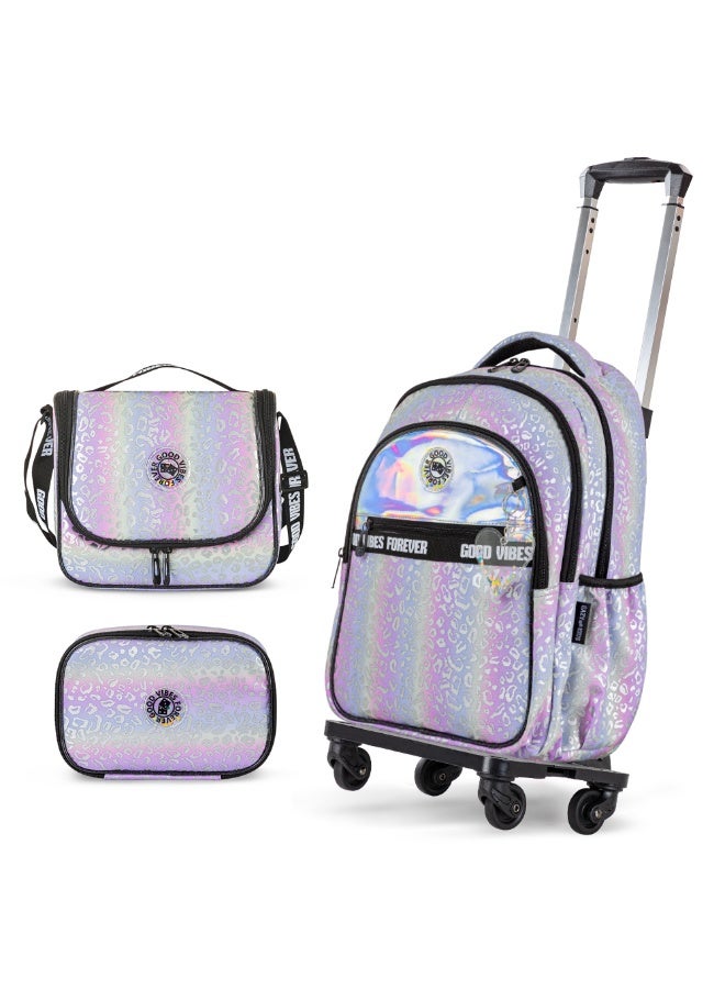 Eazy Kids Eazy Kids 17" School Bag Set of 4 w/ 4 Wheel Trolley, Lunch Bag and Pencil Case - Good Vibes - Silver  - Image 1