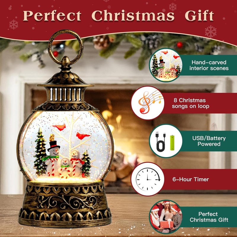 Aixuler Christmas Snowman Snow Globe, Cardinal Musical Snow Globe Lantern Lights with 6H Timer Battery & USB Powered, Retro Style Holiday Glitter Globe for Xmas Home Decoration Holiday Party Gifts - Image 2