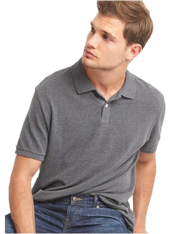 LOUD UNIVERSE Mens Charcoal Gray Plain Cotton Pique Summer Fabric Mens Polo Shirt  - Image 3