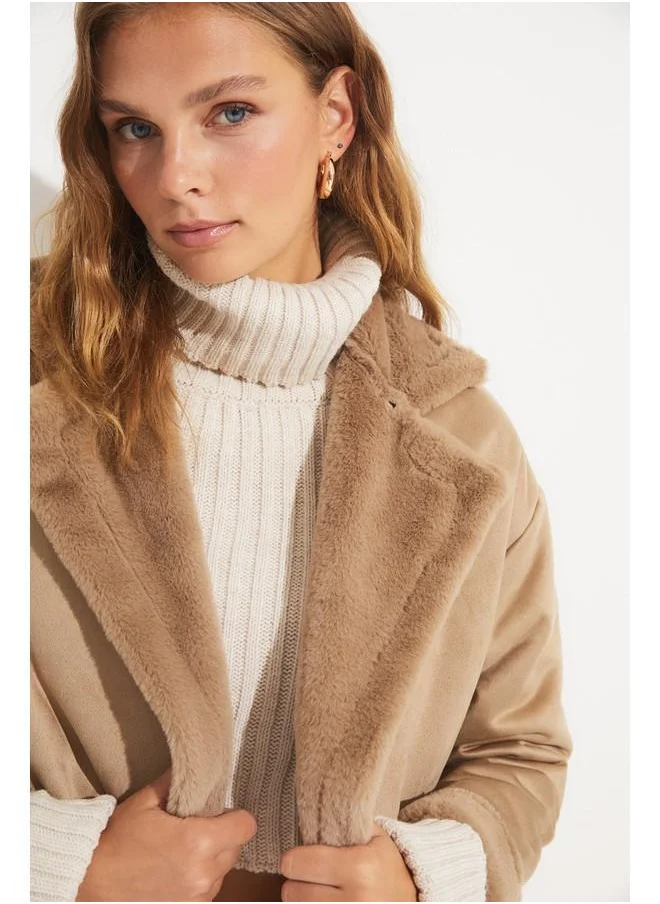 جون June Pu Fur Buttoned Biker Coat Tan