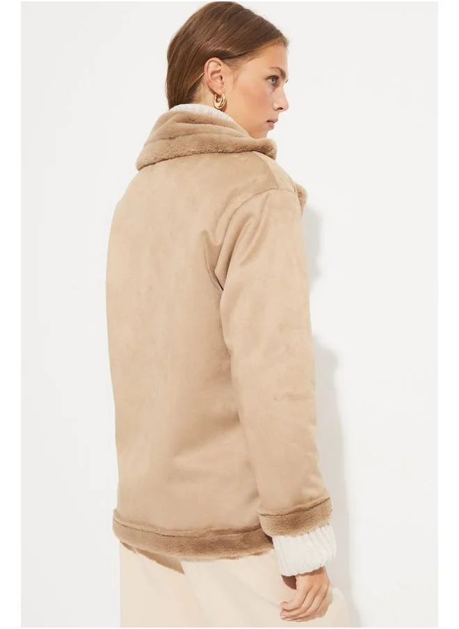 جون June Pu Fur Buttoned Biker Coat Tan