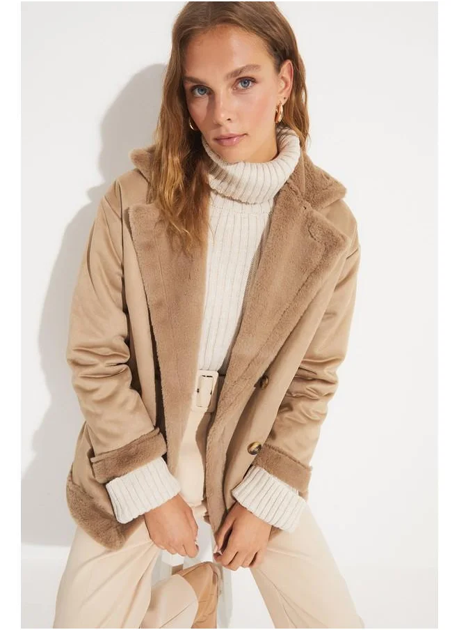 جون June Pu Fur Buttoned Biker Coat Tan