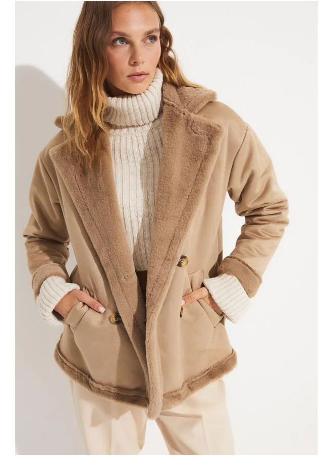 جون June Pu Fur Buttoned Biker Coat Tan