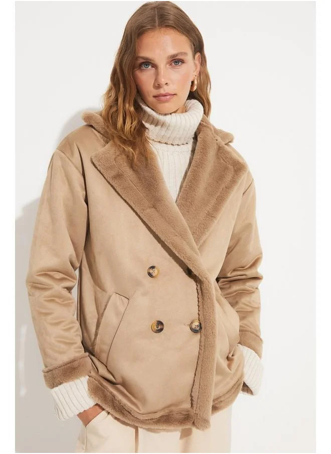 جون June Pu Fur Buttoned Biker Coat Tan