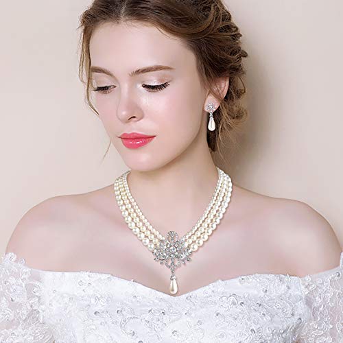 EleQueen Women's Silver-Tone Simulated Pearl Crystal Victorian Style Flower Bridal Necklace Earrings Bracelet Set Ivory Color - Image 4