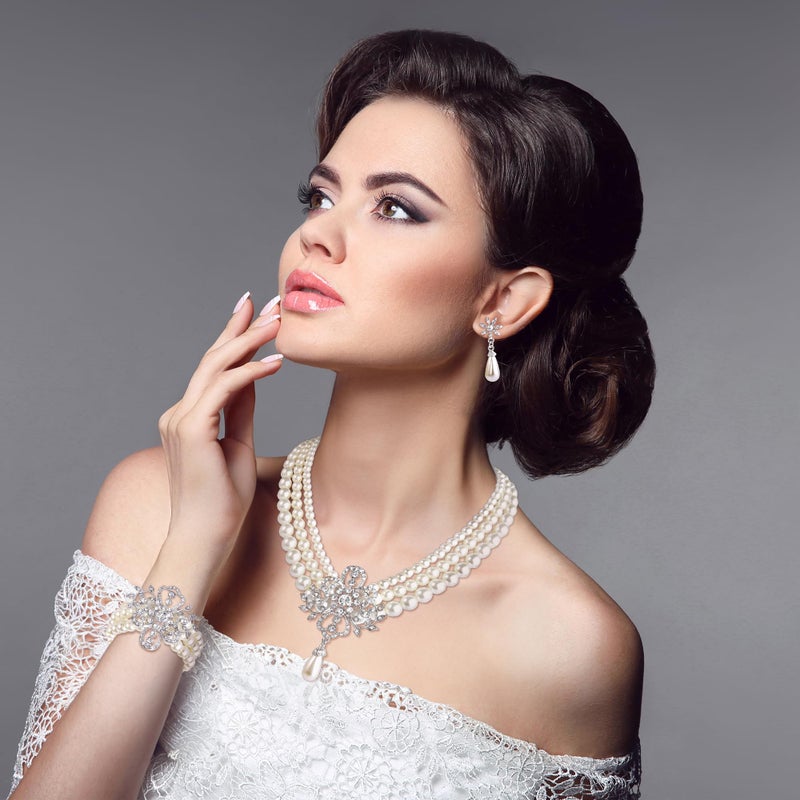 EleQueen Women's Silver-Tone Simulated Pearl Crystal Victorian Style Flower Bridal Necklace Earrings Bracelet Set Ivory Color - Image 2