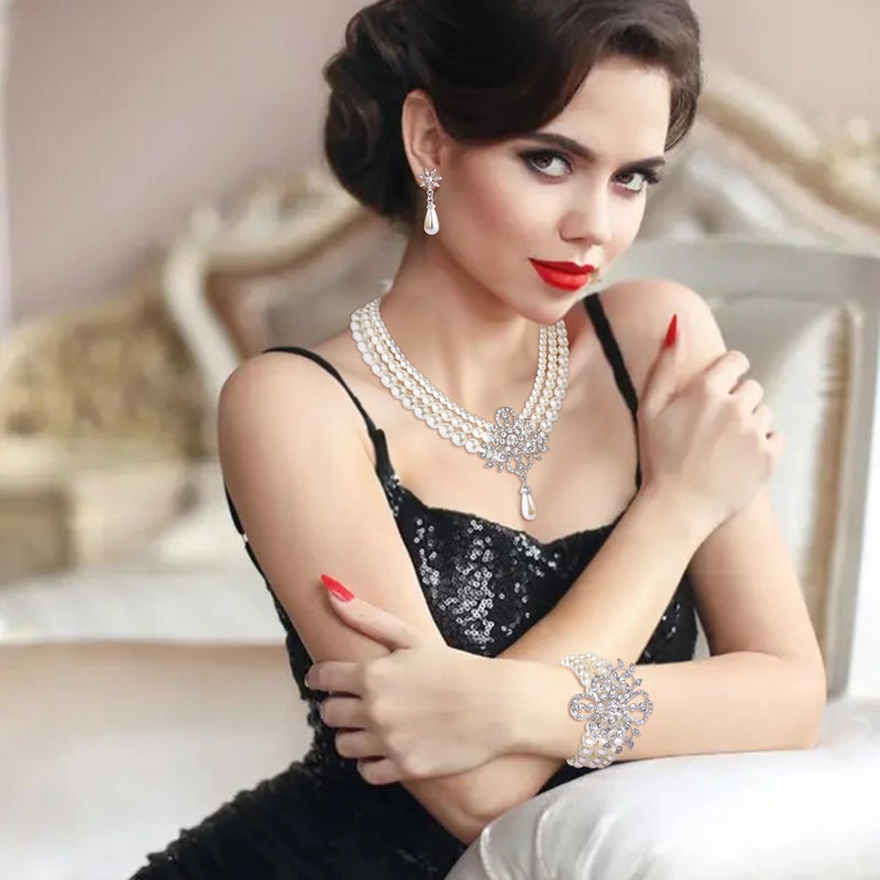 EleQueen Women's Silver-Tone Simulated Pearl Crystal Victorian Style Flower Bridal Necklace Earrings Bracelet Set Ivory Color - Image 3