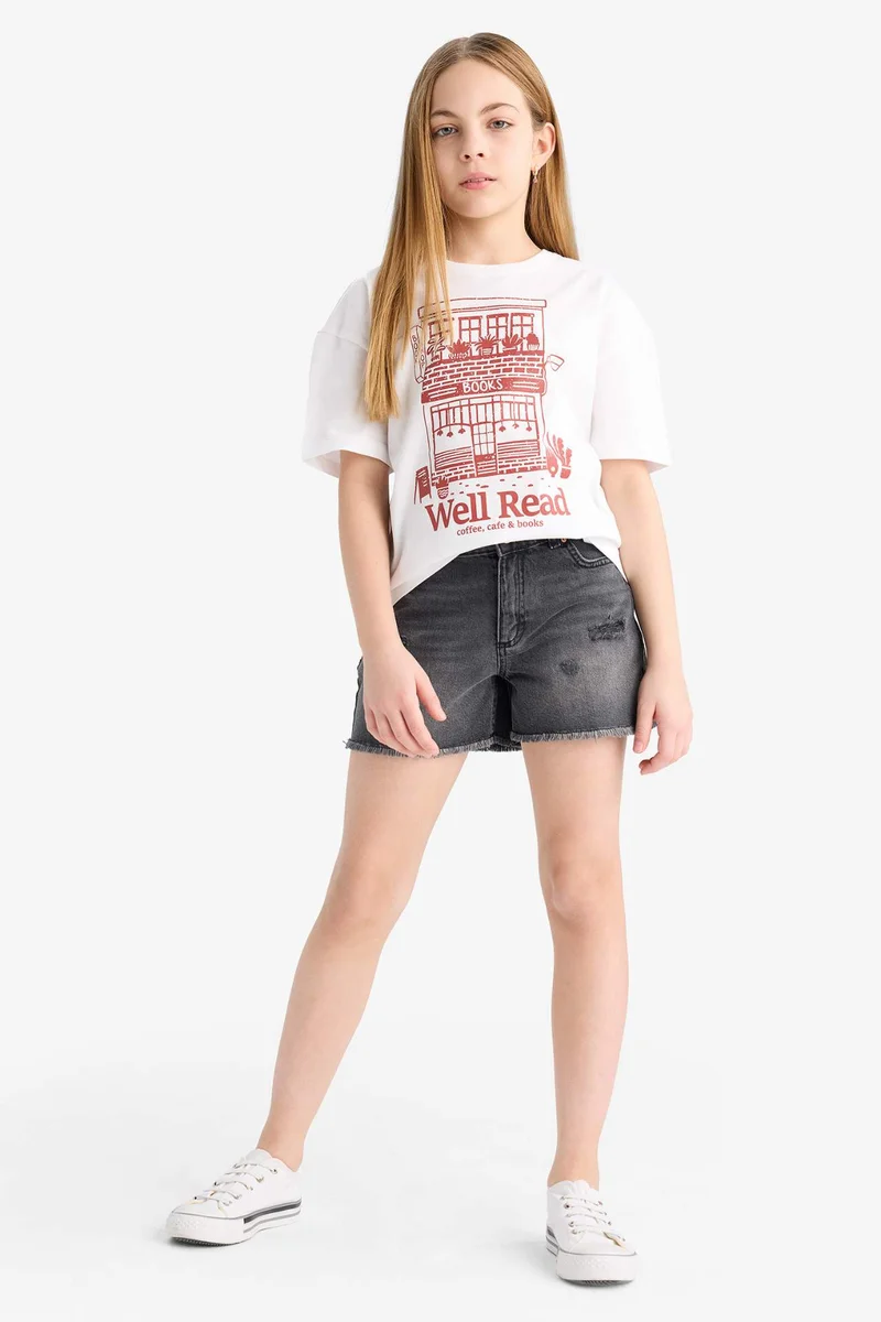 ديفاكتو Girl Relax Fit Crew Neck Printed Short Sleeve T-Shirt
