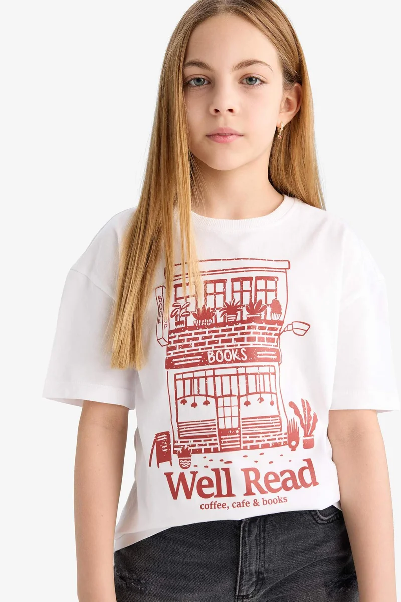 ديفاكتو Girl Relax Fit Crew Neck Printed Short Sleeve T-Shirt