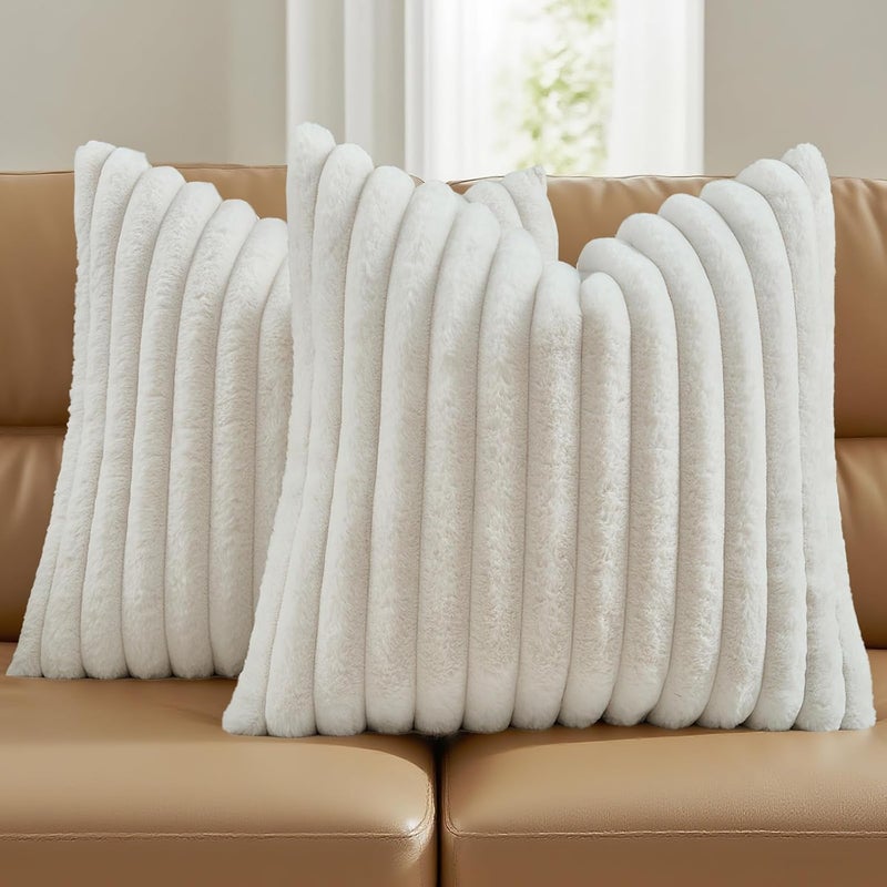 FUTEI Cream White Striped Decorative Throw Pillow Covers 22x22 Inch Set of 2,Square Winter Decorations Couch Pillow Case,Soft Cozy Faux Rabbit Fur & Velvet Back,Modern Home Decor for Bed - Image 1