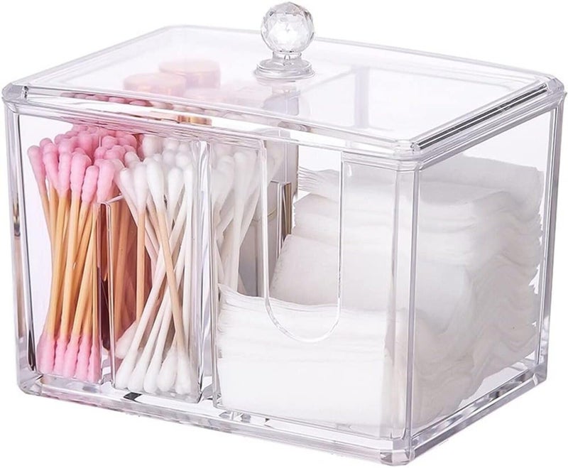 Soko 4 Grids Qtip Holder With Lid, Cotton Swab Storage Dispenser, Acrylic Vanity Cosmetic and Makeup Organizer - Bathroom Canister Accessories Set for Ball, Pads, Floss, Earbud - Transparent - Image 1