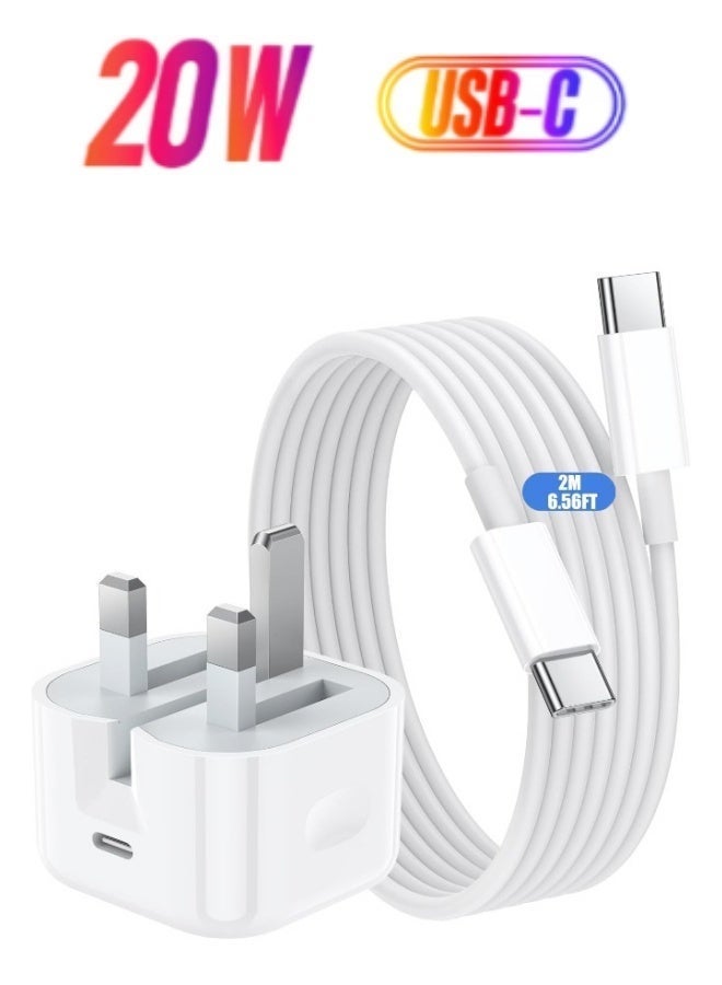 أبلينم شاحن سريع 20 واط لهاتف iPhone | شاحن حائط سريع بمنفذ USB C مع سلك شحن بطول 2 متر من النوع C إلى C متوافق مع هواتف IPhone 16/15/Pro Max/Pro/Plus وجميع الهواتف المحمولة من النوع C - Image 1