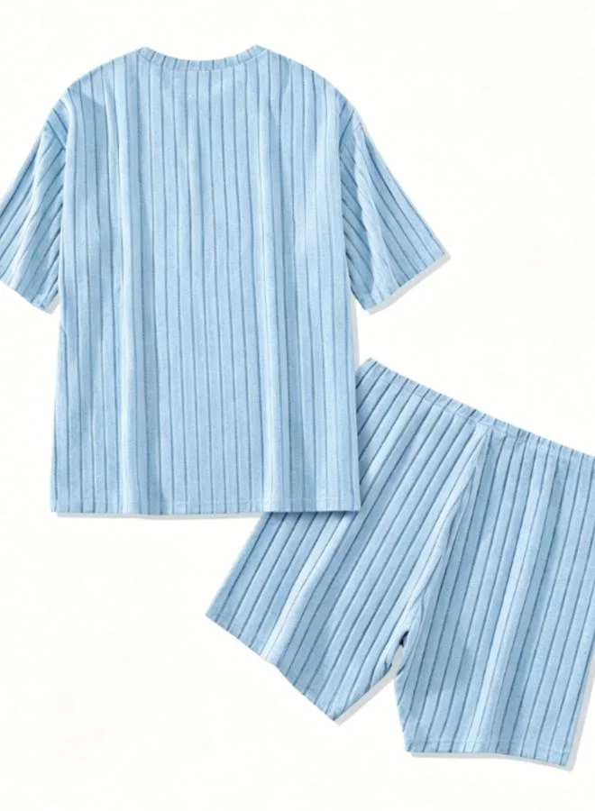 Take Two Plus Size Blue Textured T-Shirt and Shorts Pyjama Set