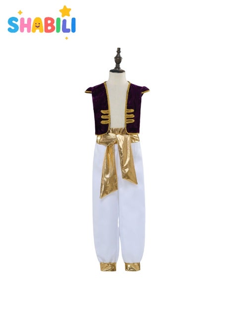 زي الأمير العربي للأطفال من عمر ٤ إلى ٥ سنوات باللون البنفسجي والذهبي مع صدرية وسروال وحزام وملصق جبين للأطفال الأولاد والبنات للتمثيل والحفلات والمدرسة والعيد