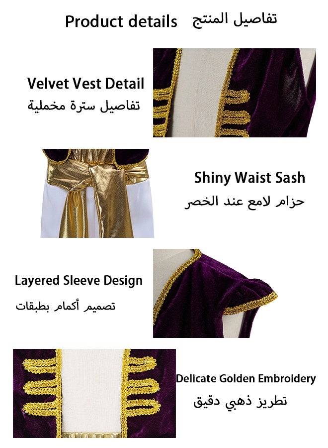 شبيلي زي الأمير العربي للأطفال من عمر ٤ إلى ٥ سنوات باللون البنفسجي والذهبي مع صدرية وسروال وحزام وملصق جبين للأطفال الأولاد والبنات للتمثيل والحفلات والمدرسة والعيد - Image 5