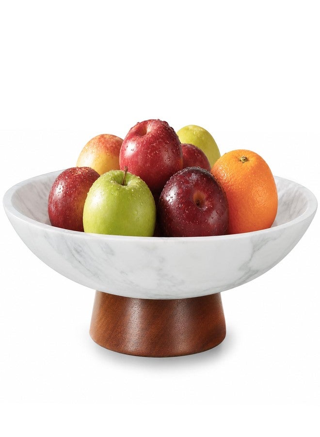 RGBDOT Marble Decorative Bowl, 11” Large Centerpiece for Table, Fruit Bowl for Kitchen Counter, Coffee Table or Entryway Decor, Natural Marble with Wood Base, Housewarming Gift - White - Image 1