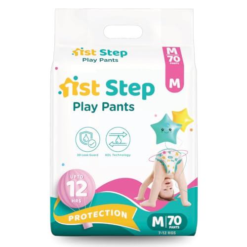 1st Step Play Pant Style Baby Diapers – Ultrasoft Comfort with 3D Leak Guard, Gel Lock Technology & Breathable Cotton Fit for up to 12 Hours Protection – M (70 Diapers) - Image 1