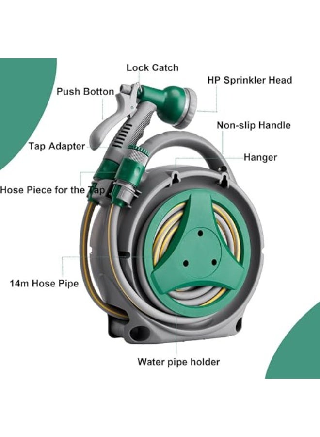 MHR Garden Hose Reel 14M, Compact & Portable Hose Pipe Reel with 8 Adjustable Spray Gun Nozzles, Manual Retractable Garden Water Hose Reel,Outdoor Flexible Hose Reel Set for Garden Patios and Balconies - Image 4