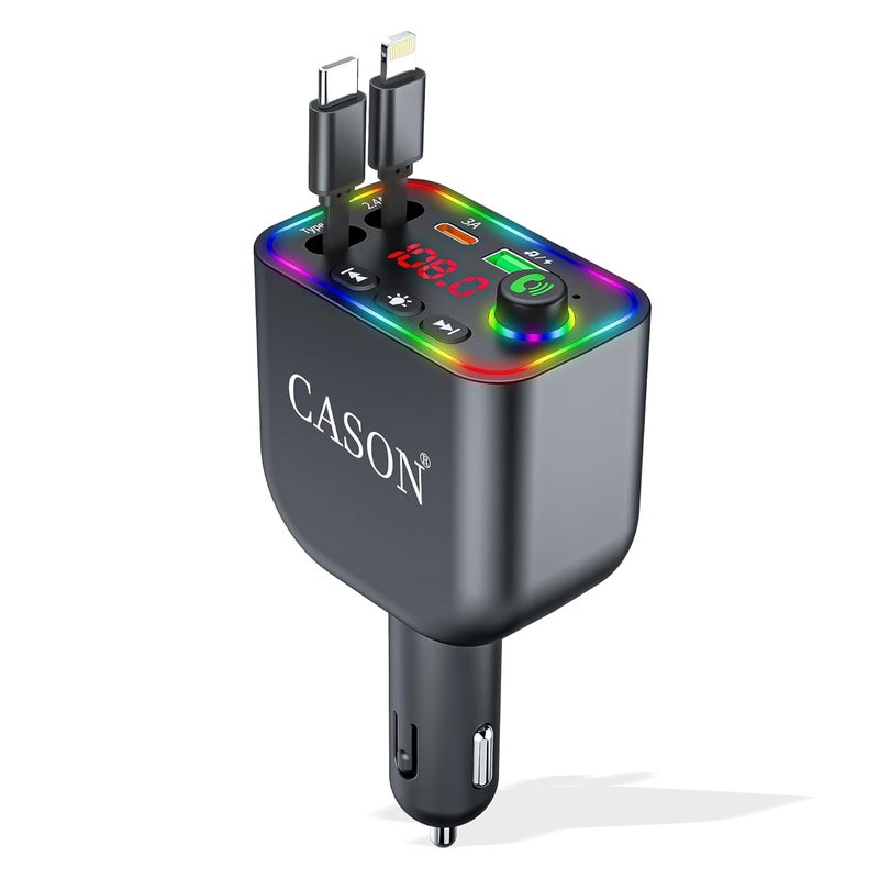 CASON جهاز إرسال/استقبال بلوتوث FM للسيارة، محول بلوتوث راديو للسيارة مع كابل شحن قابل للسحب بسرعة فائقة 5V/3.1A، شاشة LED، مكالمات بدون استخدام اليدين تدعم جميع الهواتف الذكية - Image 1