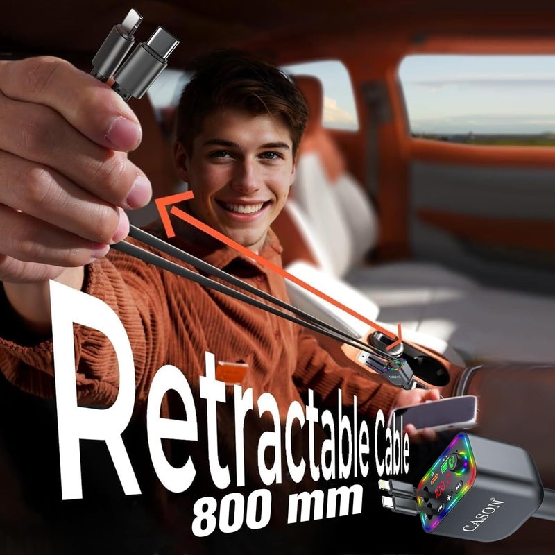 CASON جهاز إرسال/استقبال بلوتوث FM للسيارة، محول بلوتوث راديو للسيارة مع كابل شحن قابل للسحب بسرعة فائقة 5V/3.1A، شاشة LED، مكالمات بدون استخدام اليدين تدعم جميع الهواتف الذكية - Image 4