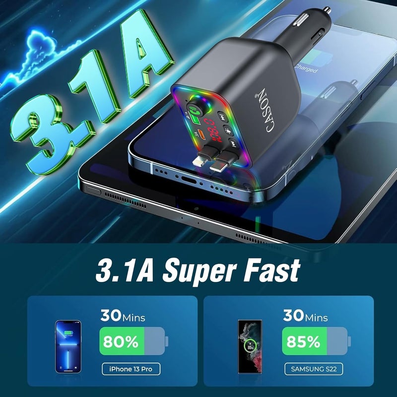 CASON جهاز إرسال/استقبال بلوتوث FM للسيارة، محول بلوتوث راديو للسيارة مع كابل شحن قابل للسحب بسرعة فائقة 5V/3.1A، شاشة LED، مكالمات بدون استخدام اليدين تدعم جميع الهواتف الذكية - Image 2