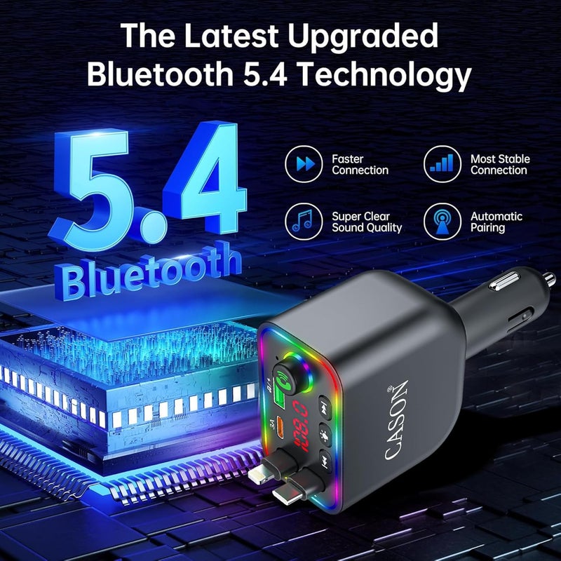 CASON جهاز إرسال/استقبال بلوتوث FM للسيارة، محول بلوتوث راديو للسيارة مع كابل شحن قابل للسحب بسرعة فائقة 5V/3.1A، شاشة LED، مكالمات بدون استخدام اليدين تدعم جميع الهواتف الذكية - Image 3