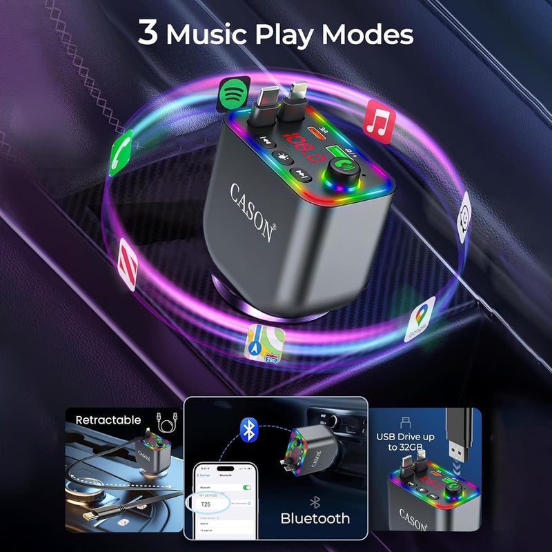 CASON جهاز إرسال/استقبال بلوتوث FM للسيارة، محول بلوتوث راديو للسيارة مع كابل شحن قابل للسحب بسرعة فائقة 5V/3.1A، شاشة LED، مكالمات بدون استخدام اليدين تدعم جميع الهواتف الذكية - Image 5