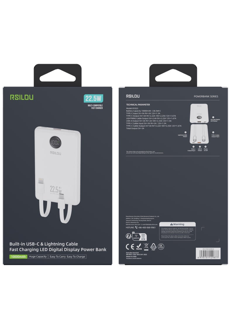 ارسيلو R1023-002 بنك طاقة بسعة 10000 مللي أمبير في الساعة، شحن سريع 22.5 وات PD، إجمالي طاقة خرج قصوى 38.5، متوافق مع أجهزة متعددة، شاشة رقمية، كابلات مزدوجة مدمجة بمخرج Type-C وUSB-A - Image 3