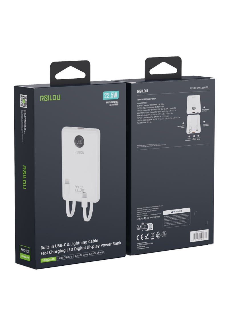 ارسيلو R1023-002 بنك طاقة بسعة 10000 مللي أمبير في الساعة، شحن سريع 22.5 وات PD، إجمالي طاقة خرج قصوى 38.5، متوافق مع أجهزة متعددة، شاشة رقمية، كابلات مزدوجة مدمجة بمخرج Type-C وUSB-A - Image 4