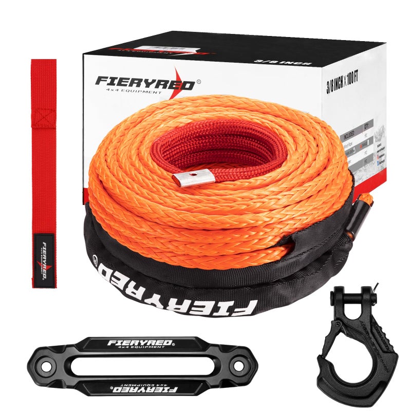 FIERYRED Synthetic Winch Rope 38 Inch 100FT 26500Ibs Winch Line Cable Rope with Winch Hook Fairleads for 4WD Off Road Vehicle ATV UTV SUV SUV Trucks