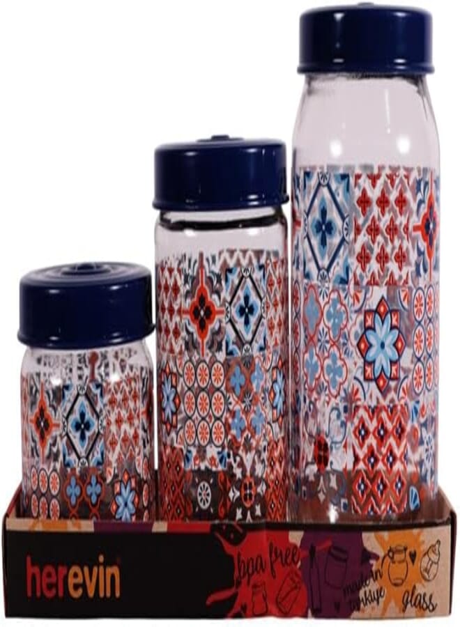 Herevin Mosaic Print Decorated Jar Set 3-Pieces, 425, 660 and 1000 ml Capacity, Blue