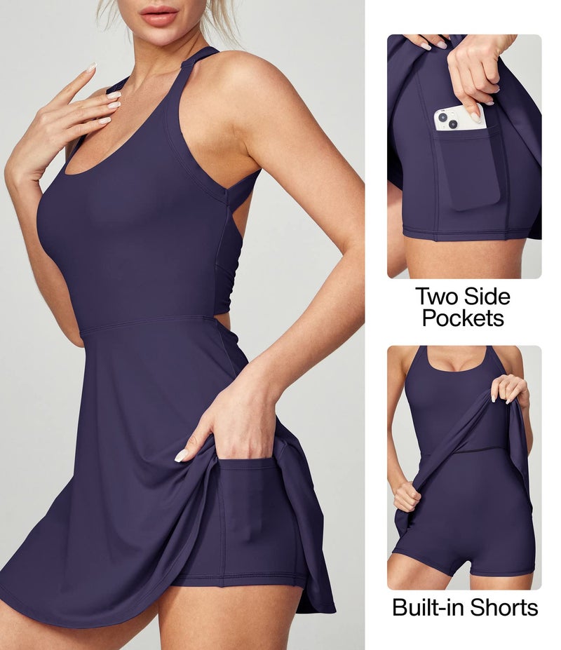 Heathyoga Tennis Dress with Built-in Shorts and Bra - Athletic Summer Cut Out Twisted Golf Workout Dress for Women - Indigo Blue - Image 2