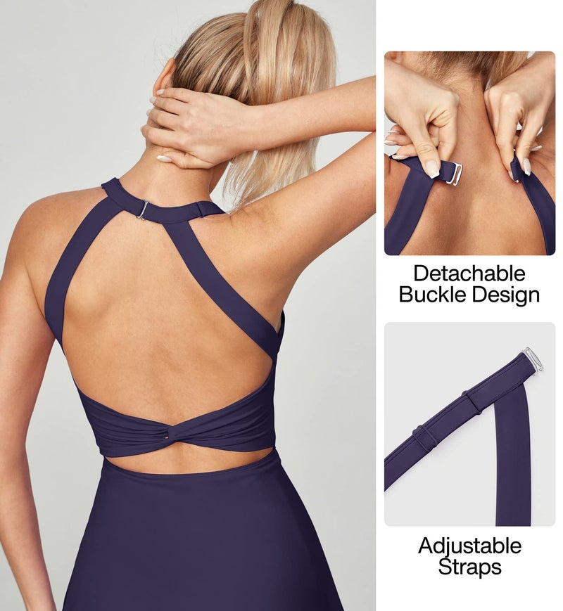 Heathyoga Tennis Dress with Built-in Shorts and Bra - Athletic Summer Cut Out Twisted Golf Workout Dress for Women - Indigo Blue - Image 5