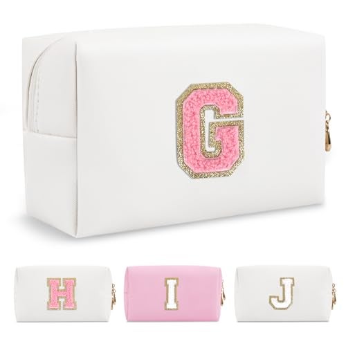 ChaoGreat Personalized Makeup Bag Initial A-Z Preppy Patch Bag,Small PU Leather Travel Cosmetic Bag Pouch with Zipper,White Cute Toiletry Bag,Gift Ideal for Teen Girls Women Birthday Friend Mom,Letter G - Image 1