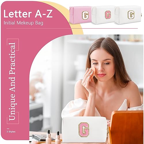 ChaoGreat Personalized Makeup Bag Initial A-Z Preppy Patch Bag,Small PU Leather Travel Cosmetic Bag Pouch with Zipper,White Cute Toiletry Bag,Gift Ideal for Teen Girls Women Birthday Friend Mom,Letter G - Image 5