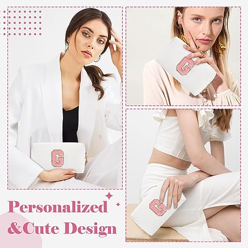 ChaoGreat Personalized Makeup Bag Initial A-Z Preppy Patch Bag,Small PU Leather Travel Cosmetic Bag Pouch with Zipper,White Cute Toiletry Bag,Gift Ideal for Teen Girls Women Birthday Friend Mom,Letter G - Image 4