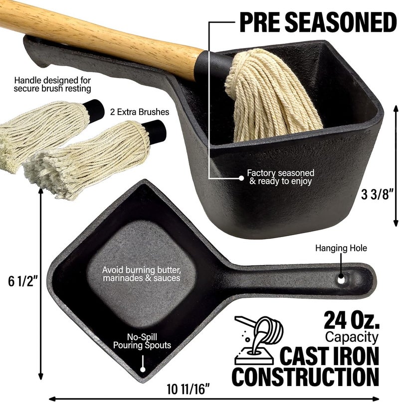Shop Square Cast Iron Sauce Pot with BBQ Mop Brush – Small Cast Iron Basting Pot & Mop Brush for Grilling, Smoking, and Saucing – BBQ Mop Brushes for Sauce, 24 Oz - Image 2