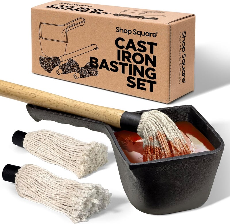Shop Square Cast Iron Sauce Pot with BBQ Mop Brush – Small Cast Iron Basting Pot & Mop Brush for Grilling, Smoking, and Saucing – BBQ Mop Brushes for Sauce, 24 Oz - Image 1