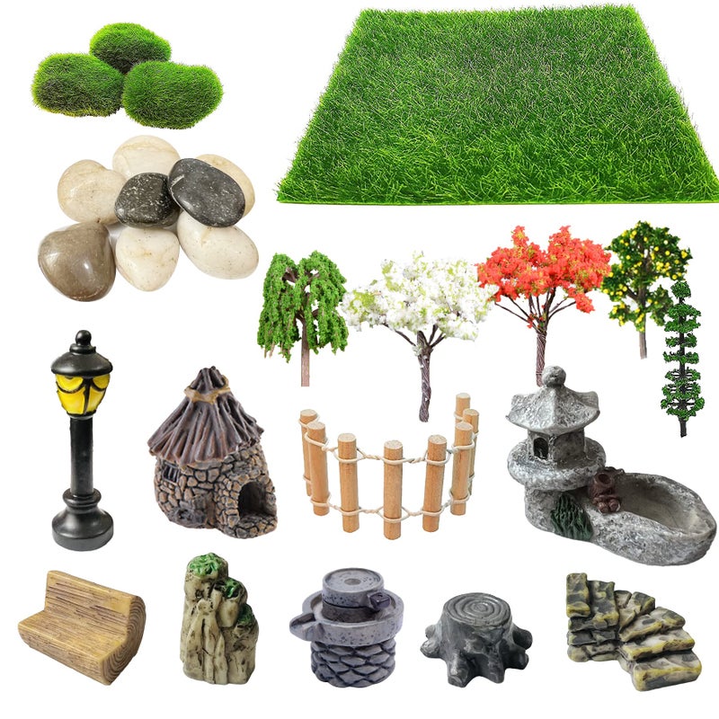 Cayway 26 PCS Outdoor Fairy Garden Miniatures Mini Zen Garden Accessories Artificial Grass Model Trees Terrarium Ornaments Dollhouse Supplies Bonsai Decorative Craft Tools Kit - Image 2