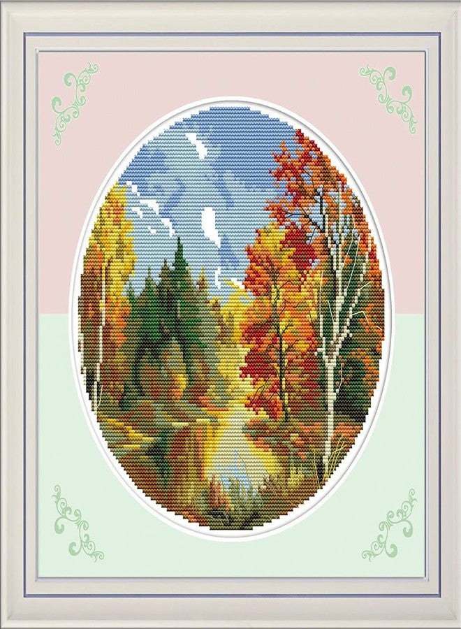 Amiiba Stamped Cross Stitch Kits, Maple Forest Lake District Autumn Season DIY 11CT 14.1x14.1 inch (Autumn) - Image 1