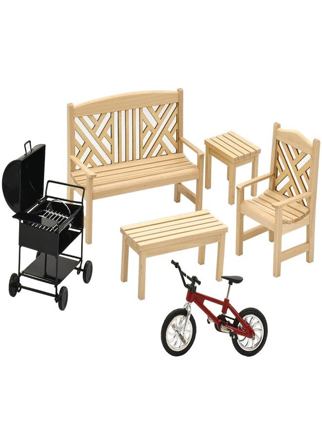 iLAND Dollhouse Furniture and Accessories on 1:12 Scale incl Dollhouse Patio Tables & Garden Chairs & BBQ Grill & Mini Bike (Modern 6pcs) - Image 1