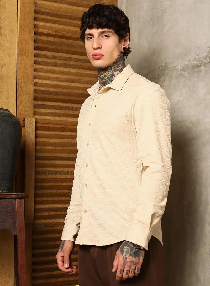 Campus Sutra Campus Sutra Men's Khaki Beige Chevron-Tactile Shirt For Casual Wear | Spread Collar | Long Cuffed Sleeves | Button Closure | Shirt Crafted With Comfort Fit For Everyday Wear