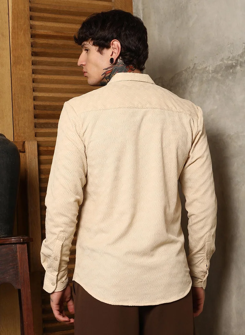 Campus Sutra Campus Sutra Men's Khaki Beige Chevron-Tactile Shirt For Casual Wear | Spread Collar | Long Cuffed Sleeves | Button Closure | Shirt Crafted With Comfort Fit For Everyday Wear