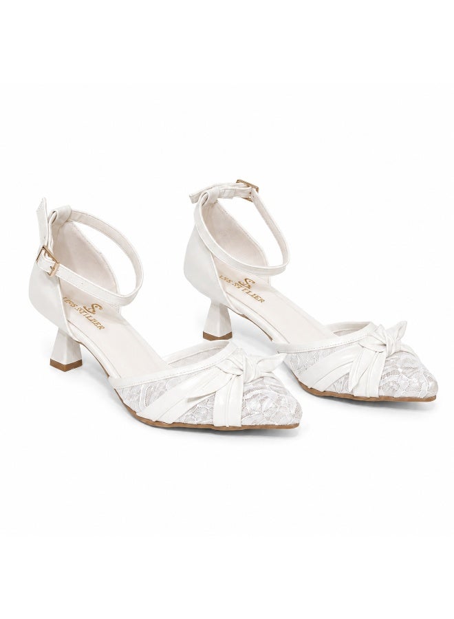 Shoes Mid Heels Dentelle With Bow F-612 - White